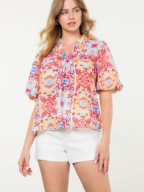 THML Multicolor Patterned Balloon Sleeve Blouse